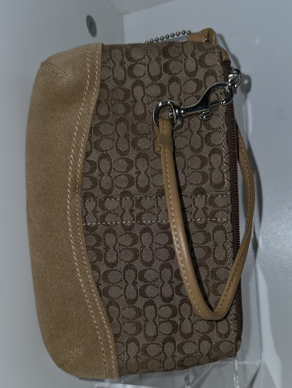 Coach Brown Signature Canvas Wristlet with Suede Trim